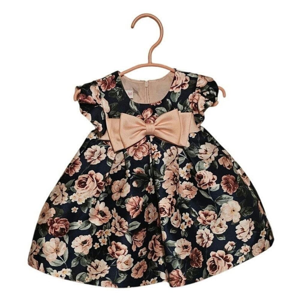 Bonnie Baby Dress – Size 6–9 Months – Navy/Teal Floral with Bow